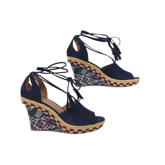 Cabi Isla Espadrille Wedge Sandals Womens 8 M Ankle Wrap Navy Suede Aztec 6001 - Picture 2 of 14